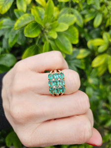 1253: Vintage 9ct Gold Emeralds Diamonds Tiered Statement Ring- fabulous