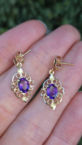 2067 Vintage: 9ct Gold Purple Amethysts Drop/Dangle Stud Earrings