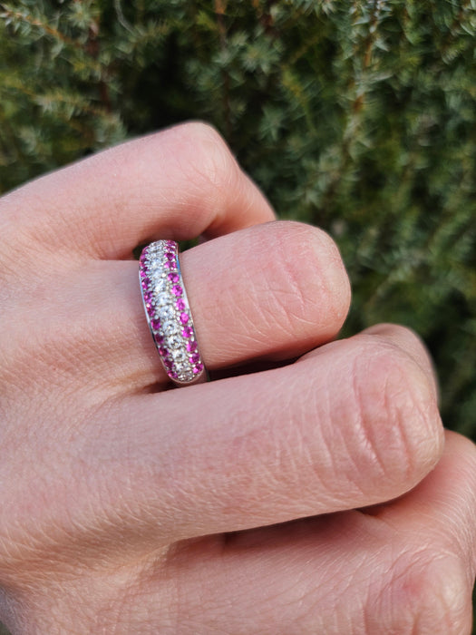 1110: Vintage: 18ct White Gold Pink  Rubies Diamonds Tiered Half-Eternity Ring- Simply gorgeous