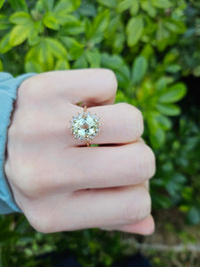 0106: Vintage: 9ct Gold Large Green Topaz Glacier Topaz Halo- beautifully paired cluster ring