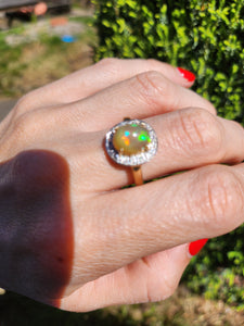 1743: Vintage: 9ct Gold Fire Opal White Sapphires Cluster Ring- fantastic colours
