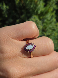 1839: Vintage: 9ct Gold White Opal 12 Crimson Topaz Cluster Ring- From 1979
