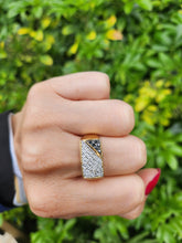 Load image into Gallery viewer, 6106Vintage: Heavy 9ct Gold Black White Diamonds Signet Ring- sparkling statement
