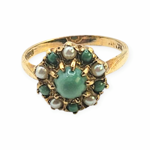 1135: Vintage: 9ct Gold Green Jade  Pearls Floral Cluster Ring- Date Mark 1967