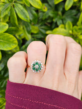 Load image into Gallery viewer, 0131: Vintage: 18ct Gold Emeralds Diamonds Flower Head Ring - sparkling symmetry
