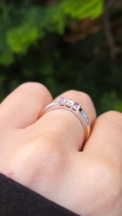 6329  Vintage: 18ct Gold Pink Sapphires Brilliant Cut Diamonds Stacker Ring