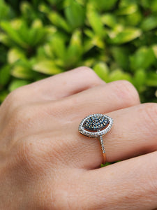 1389: Vintage: 9ct Gold Blue & White Diamonds Ring- 60 sparkling natural diamonds