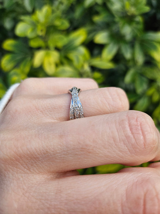 1114: Vintage: 9ct White Gold Diamonds Crossover Dress Ring- crisp & sparkling