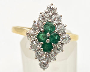 2318: Vintage: 18ct Gold Emeralds Diamonds Marquise Set Art Deco Style Ring- From 1977