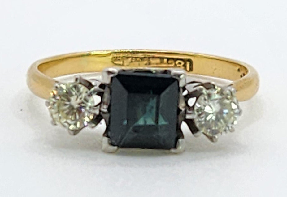 1598 Vintage: 18ct Yellow Gold & Platinum Sapphire & Diamond Three Stone Ring