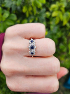 0160: Vintage: 18ct Gold French Blue Sapphires 18 Diamonds Dress Ring