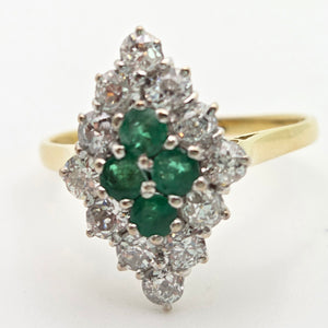 2318: Vintage: 18ct Gold Emeralds Diamonds Marquise Set Art Deco Style Ring- From 1977
