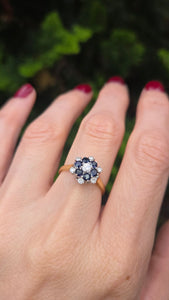 2445 Vintage: 18ct French Blue Sapphires Natural Sparkling Diamonds Flower Head Ring
