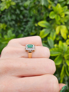 0144: Vintage: 9ct Gold Emerald Cut Emerald 14 Diamonds Square Set Ring