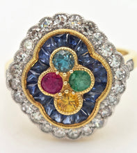 Load image into Gallery viewer, Vintage: 18ct Gold Art Deco Style  Harlequin Multi-Gem Diamonds Cluster Ring- Rainbow beauty
