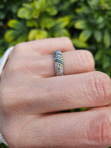 1241: Vintage ;Rare 9ct Gold Blue, Green & White Diamonds Dress/Stacker Ring