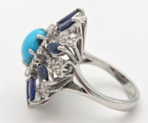 2269: Vintage: 14ct White Gold Turquoise, Blue Sapphires, 56 Diamonds Statement Cluster Ring