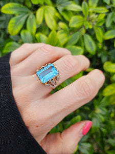 0823: Vintage; Statement 9ct Gold Swiss Blue Topaz Diamonds Cocktail Ring