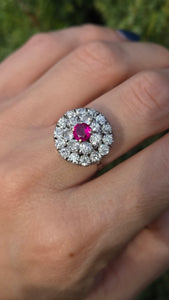 2137 Vintage; 18ct White Gold Ruby Natural Sparkling Diamonds (2.75ct) Cluster Ring- Extraordinary