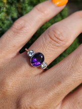 Load image into Gallery viewer, 1955: Vintage: Platinum Amethyst (1.64ct) Diamonds (0.5ct) 3-Stone Straight Ring- an absolute beauty.
