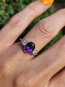1955: Vintage: Platinum Amethyst (1.64ct) Diamonds (0.5ct) 3-Stone Straight Ring- an absolute beauty.