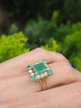 Load image into Gallery viewer, 2085: Vintage; 14ct Gold Emeralds Diamonds Geometric Set Cocktail Ring- exquisite symmetry

