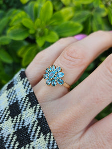 0896: Vintage: 9ct Gold 11 Swiss Blue Topaz Flower Head Ring- inspired design