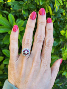 0072: Vintage: 9ct Gold Rubies Diamonds Cluster Ring- Date Mark 1977- sparkling Seventies statement