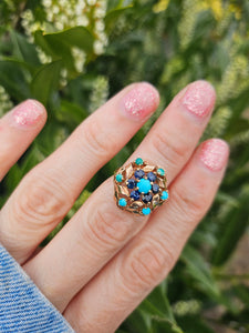 1510: Vintage: 9ct Gold Turquoises Sapphires Cluster Ring- from 1964