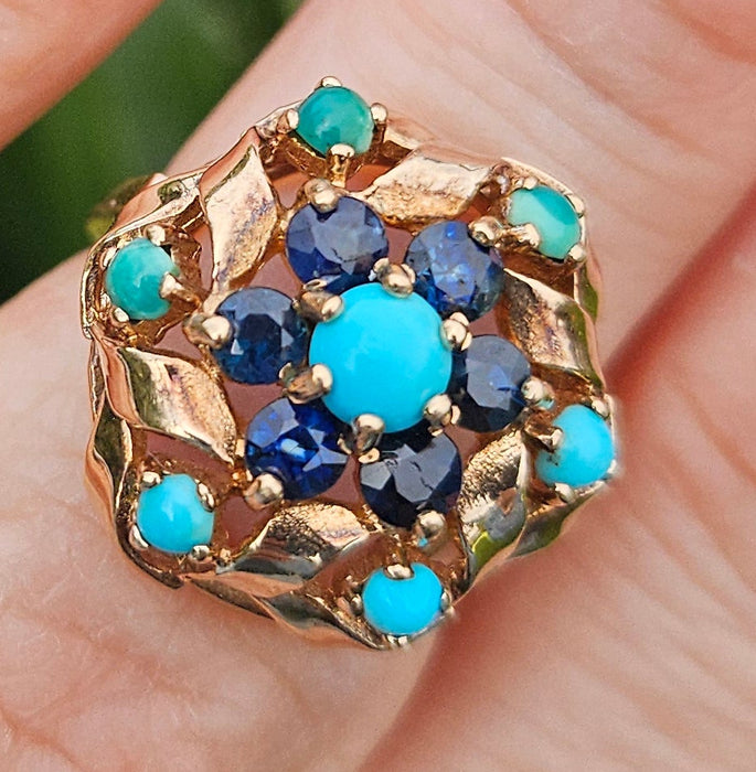 6362 Vintage: 9ct Gold Turquoises Sapphires Cluster Ring- from 1964