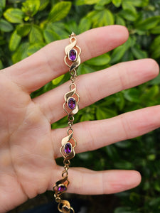 0749: Vintage: Heavy 9ct Gold 7 Purple Amethysts Link Bracelet (20cm) - splendid