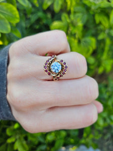 0796: &nbsp;Vintage: 18ct Gold Ice White Zircon Rubies&nbsp; Cluster Ring- statement, rare combination