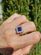 Cargar imagen en el visor de la galería, 6053 Antique Art-deco 18ct Gold Blues Sapphire Diamonds Square Set Cocktail Ring- Exquisite
