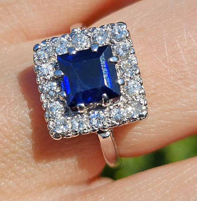 6053 Antique Art-Deco 18ct Gold Blue Sapphire Diamonds Square Set Cocktail Ring- Exquisite