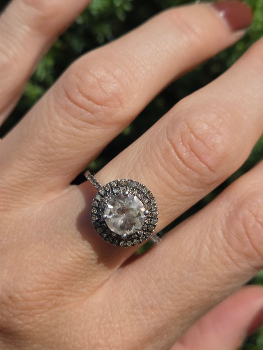 2161 Vintage: 9ct White Gold Morganite & Diamond Double Halo Dress Ring