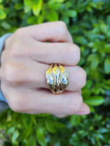 8203: Vintage: Statement 9ct Gold Diamonds Three Heads Snake Ring