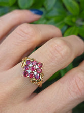 Cargar imagen en el visor de la galería, 1845: Vintage; 9ct Gold 9 Red Garnets 4 Natural Diamonds Geometric Set Dress Ring
