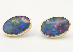 2082:Vintage: Large Blue 14ct Gold Australian Blue Opal Stud Earrings- fabulous statement earrings