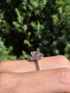2161: Vintage; 9ct White Gold Pink Morganite 60 Natural Diamonds Halo Dress Ring