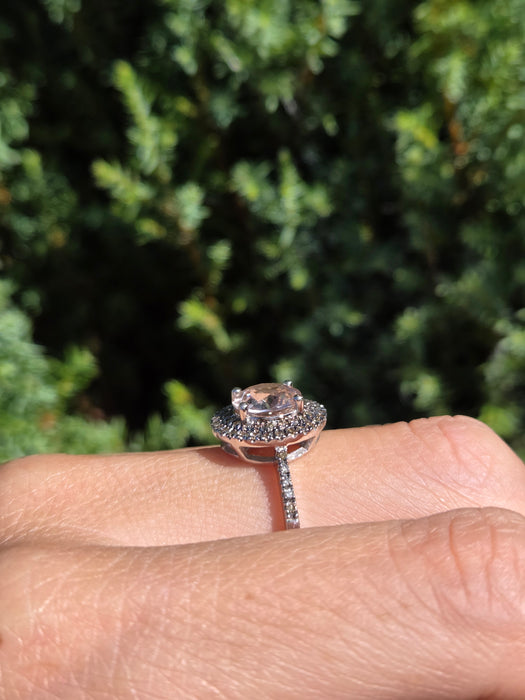 2161 Vintage: 9ct White Gold Morganite & Diamond Double Halo Dress Ring