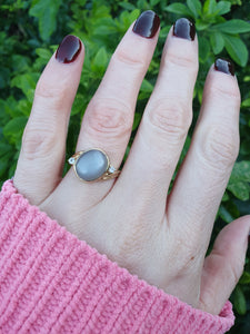 7060: Vintage: 9ct Gold Large White Moonstone Sapphire Accents Cocktail Ring- lovely colours