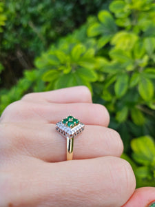 0729: Vintage: 9ct Gold Emeralds Diamonds Geometric Set Ring- lovely symmetry