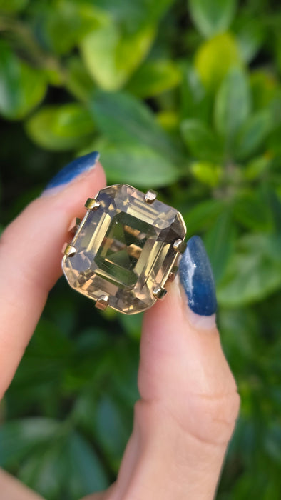 6476  Vintage: large 9ct Gold Square Cu Smokey Quartz Statement Ring