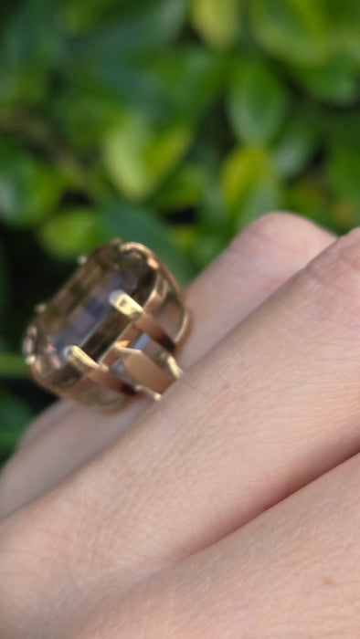 6476  Vintage: large 9ct Gold Square Cu Smokey Quartz Statement Ring