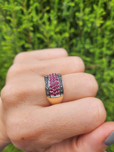 0315: Vintage: 9ct Gold Black Diamonds Rubies Statement Ring- a remarkable combination,