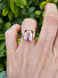 1329: Vintage: 9ct Gold Emerald Cut Ametrine Diamonds Cocktail Ring