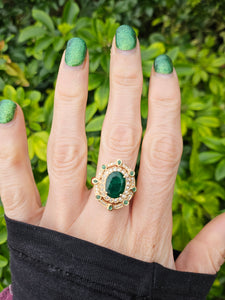 0403: Vintage: 14ct Gold Emeralds 44 Diamonds Cocktail Ring- rare