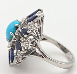 2269: Vintage: 14ct White Gold Turquoise, Blue Sapphires, 56 Diamonds Statement Cluster Ring