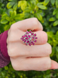 0127: Vintage: 18ct White Gold Pink Rubies Diamonds Spray Cluster Ring