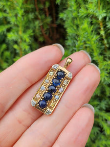 1777: Vintage: Heavy 9ct Gold Sapphires Diamonds Topaz Ingot Pendant- lovely symmetry